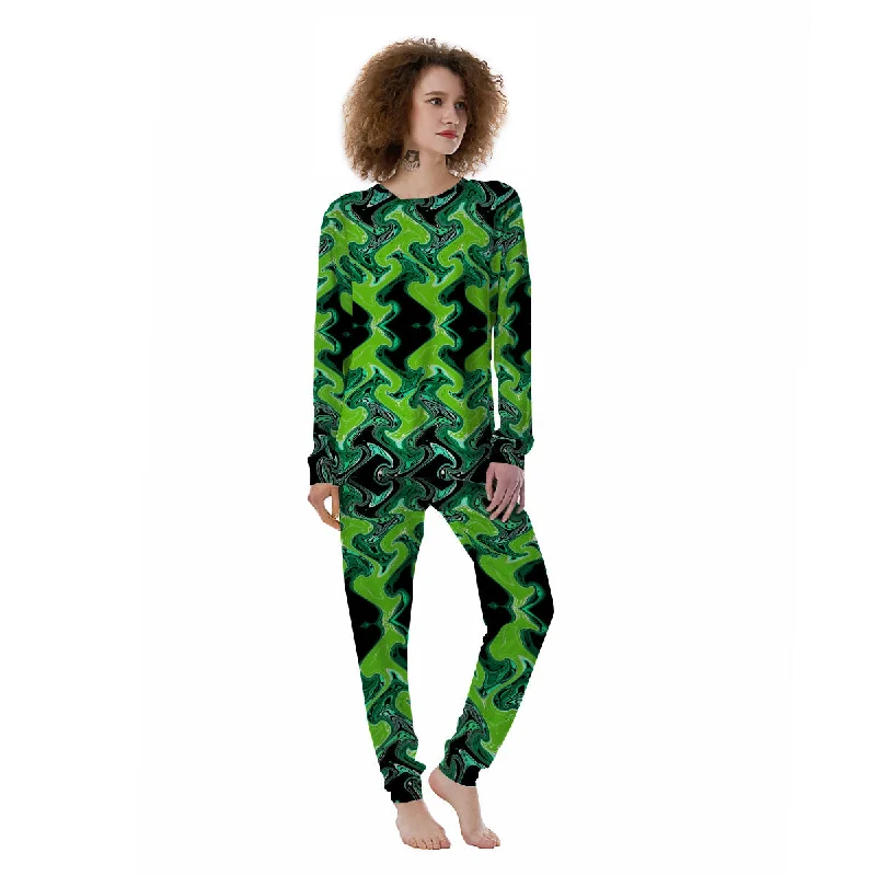 Psychedelic Wave Liquid Green Print Women's Pajamas