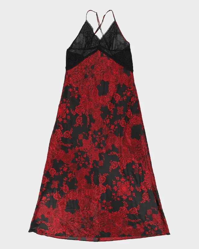 Vintage 1990s Black Slip with red Floral pattern - L Best pajama sets for hot sleepers