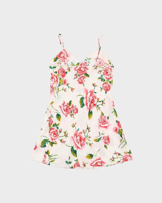 Y2K White Pure Silk Slip Dress with Red Rose Print - S