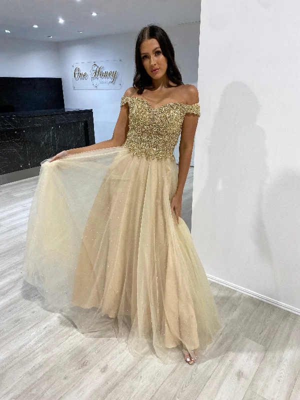 Honey Couture ROSIE Champagne Gold Off Shoulder Beaded Tulle Formal Dress