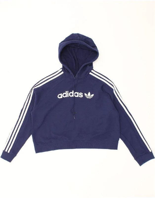 ADIDAS Womens Crop Graphic Hoodie Jumper UK 12 Medium Navy Blue Cotton