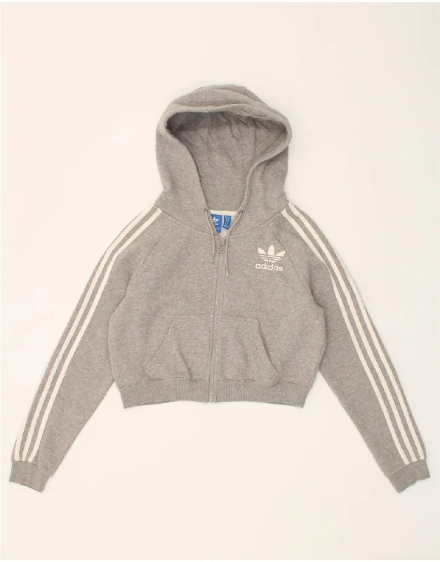 ADIDAS Womens Crop Zip Hoodie Sweater UK 10 Small Grey Cotton