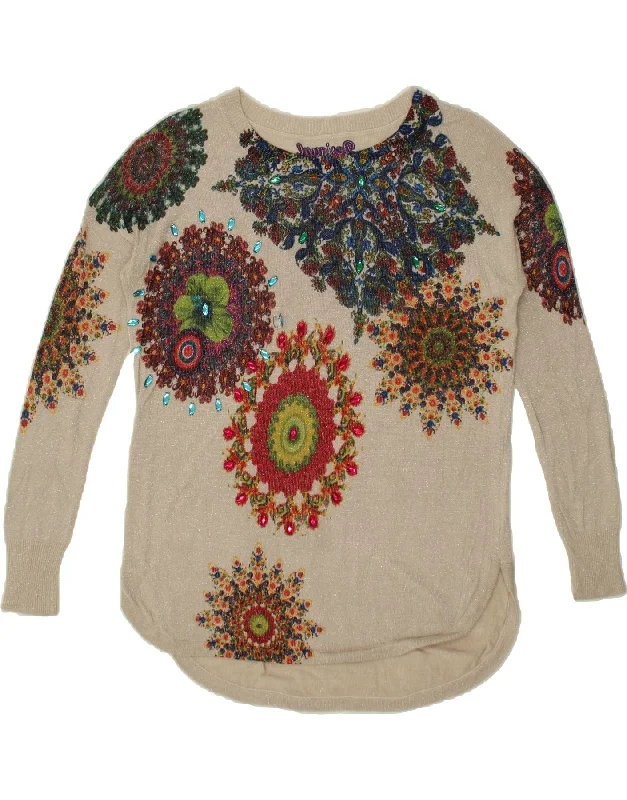 DESIGUAL Womens Graphic Boat Neck Jumper Sweater UK 6 XS Beige Floral