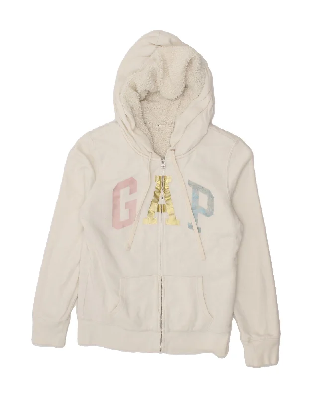 GAP Womens Sherpa Graphic Zip Hoodie Sweater UK 10 Small White Cotton