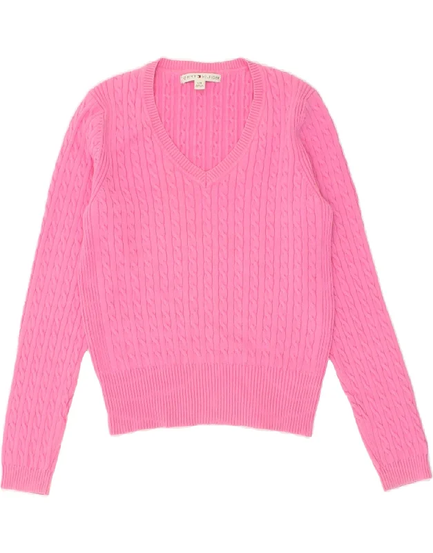 TOMMY HILFIGER Womens V-Neck Jumper Sweater UK 14 Large Pink Cotton