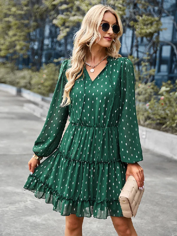 Casual V-Neck Polka Dot Long Sleeve Mini Dress