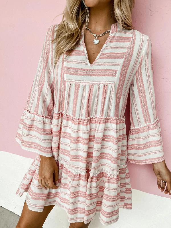 Casual V-Neck Long Sleeve Printed Loose Mini Dress