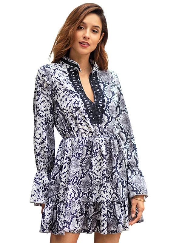 Deep V-neck Leopard Printed Long Sleeves Mini Dress