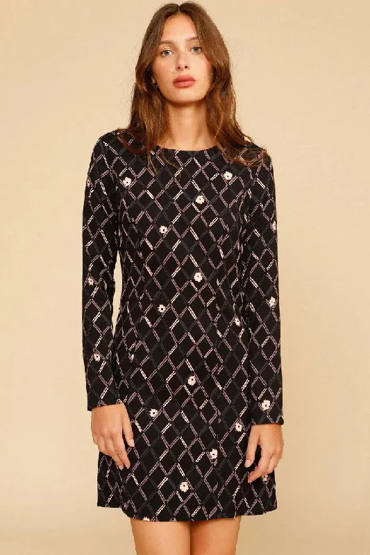 Elegant Argyle Floral Print French Long Sleeve Mini Dress - Black