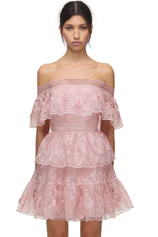 Floral Embroidered Off Shoulder Tiered Mini Dress - Blush Pink