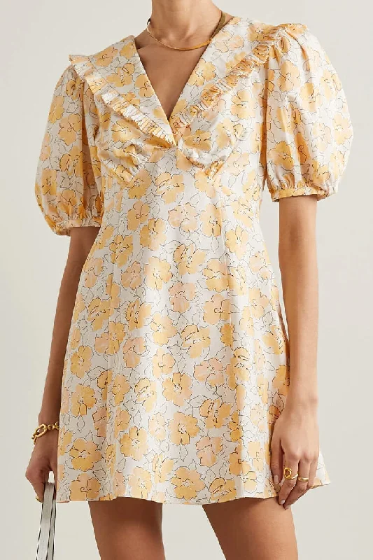 Floral Print Puff Sleeve Ruffle Collared Summer Mini Dress - Yellow