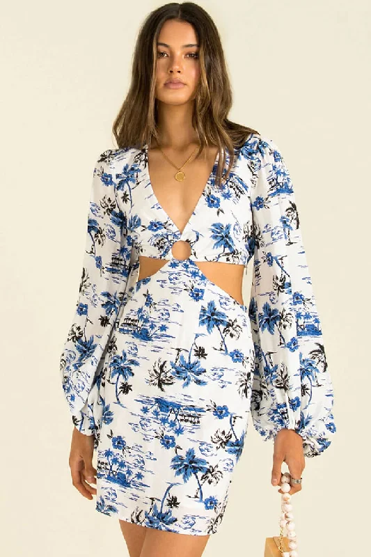 Holiday Floral V Neck Long Sleeve Cutout Printed Mini Dress - Blue