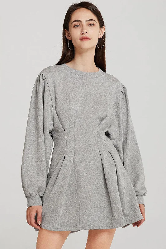 Long Sleeve Fit & Flare Round Neck Mini Sweatshirt Dress - Gray