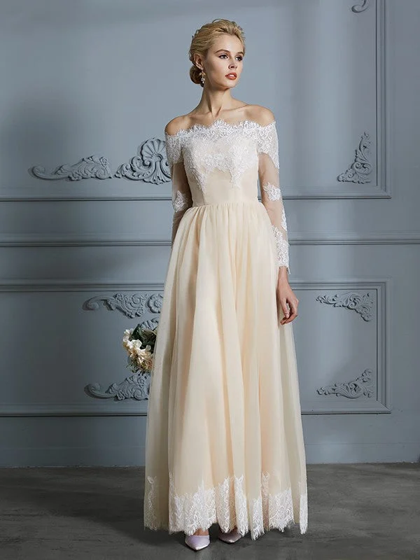 A-Line/Princess Off-the-Shoulder Long Sleeves Floor-Length Lace Tulle Wedding Dresses