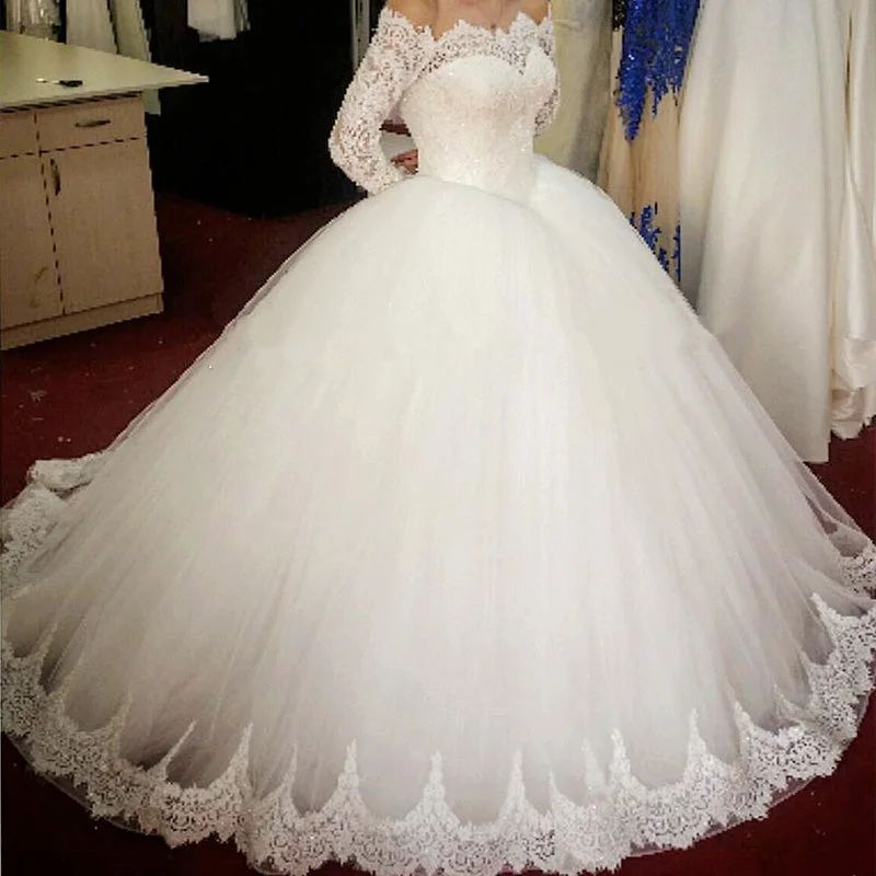 ball gown wedding dresses long sleeve lace appliqué beaded elegant boho cheap bridal gown vestido de noiva