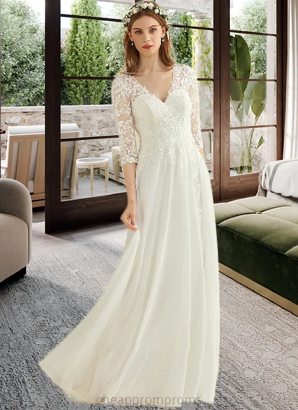 Bria A-Line V-neck Floor-Length Chiffon Lace Wedding Dress STIP0013745