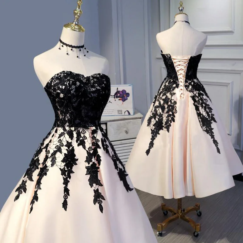 LP3373 Tea Length Champagne and Black Lace Wedding Party Gown Formal Prom Dress Short 2022