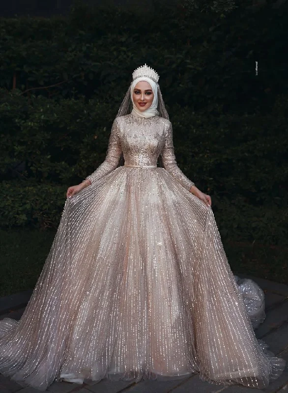 silver champagne wedding dresses boho 2020 sequin sparkle long sleeve muslim elegant wedding ball gown