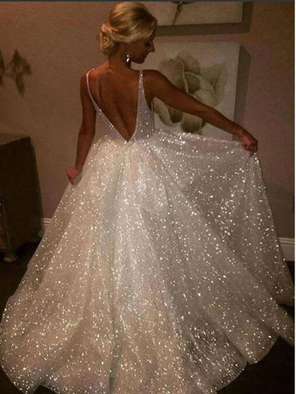 Sparkly A Line V Neck Backless Ivory Long Prom Dresses Wedding Dresses, Backless Ivory Formal Dresses, Evening Dresses