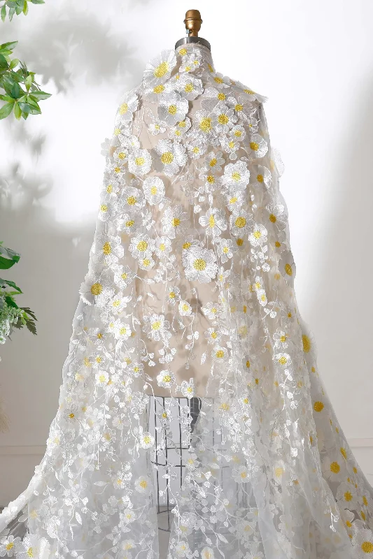 White Tulle with 3D Yellow Floral Embrodiery and Applique Fabric