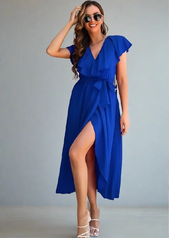 Ruffled Surplice Tie Waist Slit Midi Dress