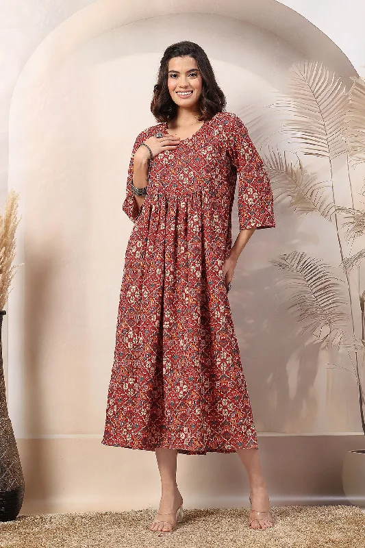 Rust Printed Maternity Feeding Dress