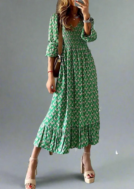 Smocked Printed V-Neck Midi Dress