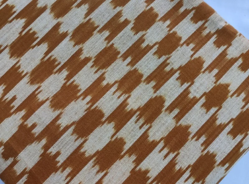 Amber Brown Abstract Handloom Pure Fine Cotton Ikat Fabric