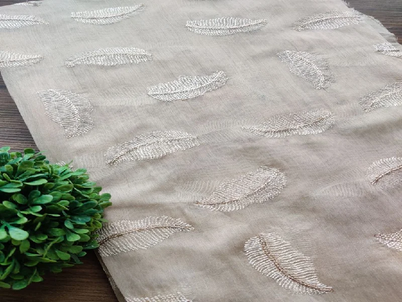 Beige Leaf Motifs Embroidered Chanderi Fabric