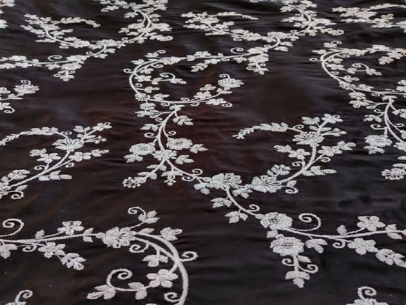 Black White Chikankari Flowers Embroidered Satin Jam Cotton Fabric