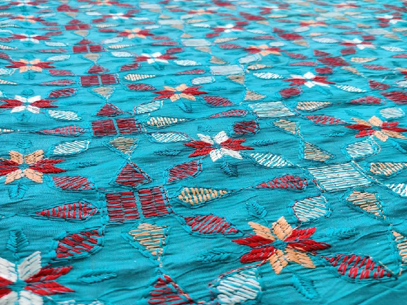 Blue Geometric Flowers Embroidered Kantha Work Chanderi Fabric