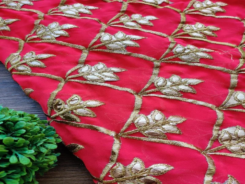 Bright Pink Golden Gota Patti Flowers Embroidered Georgette Fabric