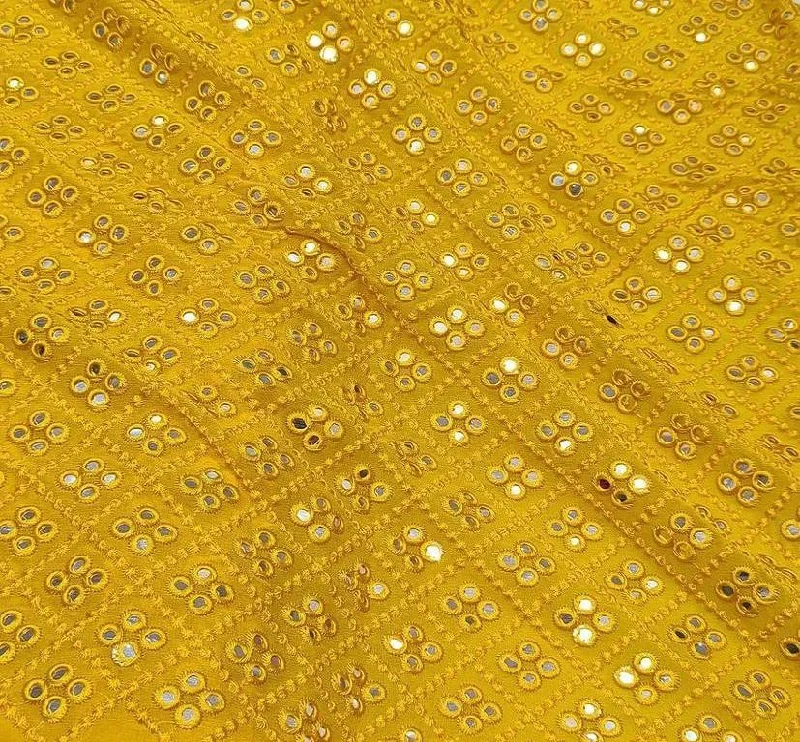 Burnt Yellow Geometric Mirror Work Embroidered Georgette Fabric