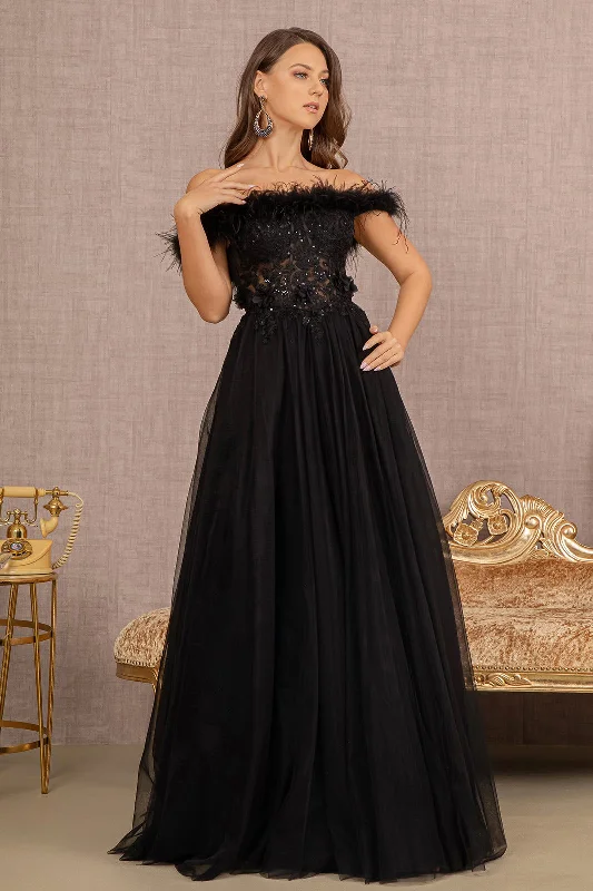 Off the Shoulder Feathered Sheer Bodice A-line Dress GLS by Gloria GL3138 - Women Formal Dress - Special Occasion/Curves