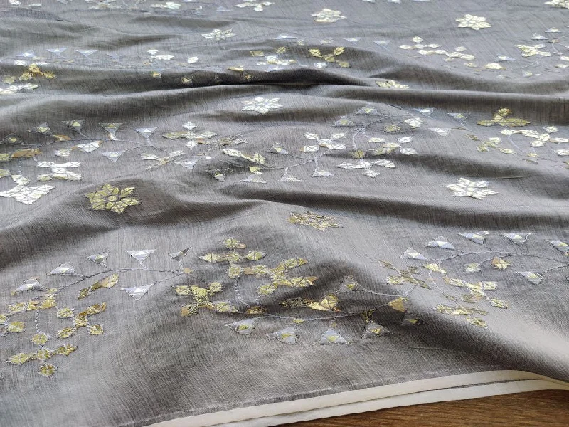 Gray Foil Gota Flowers Embroidered Chanderi Fabric