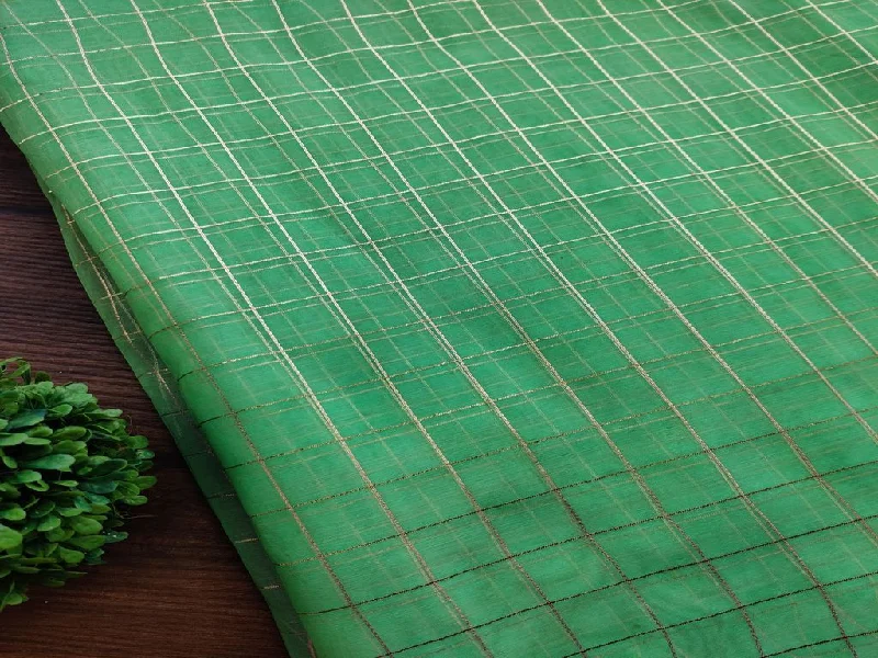 Green Golden Weaved Checks Organza Fabric