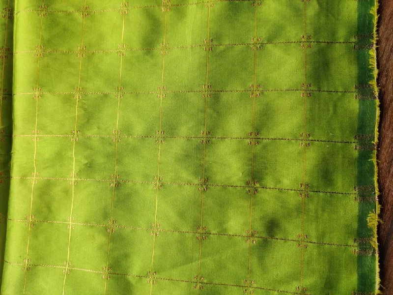 Green Golden Weaved Checks Taffeta Silk Fabric