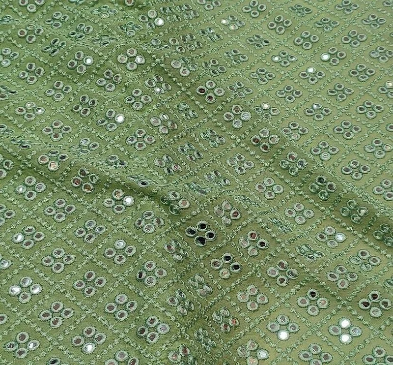 Green Gray Geometric Mirror Work Embroidered Georgette Fabric