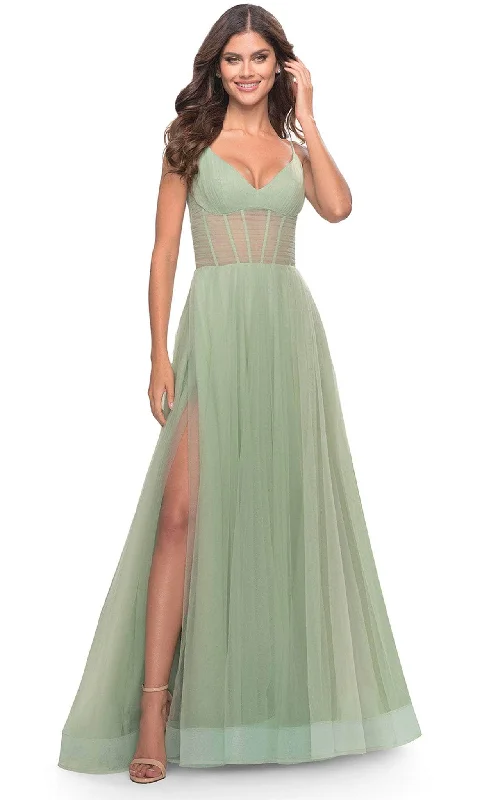 La Femme 31502 - V-Neck Sheer Corset Evening Dress