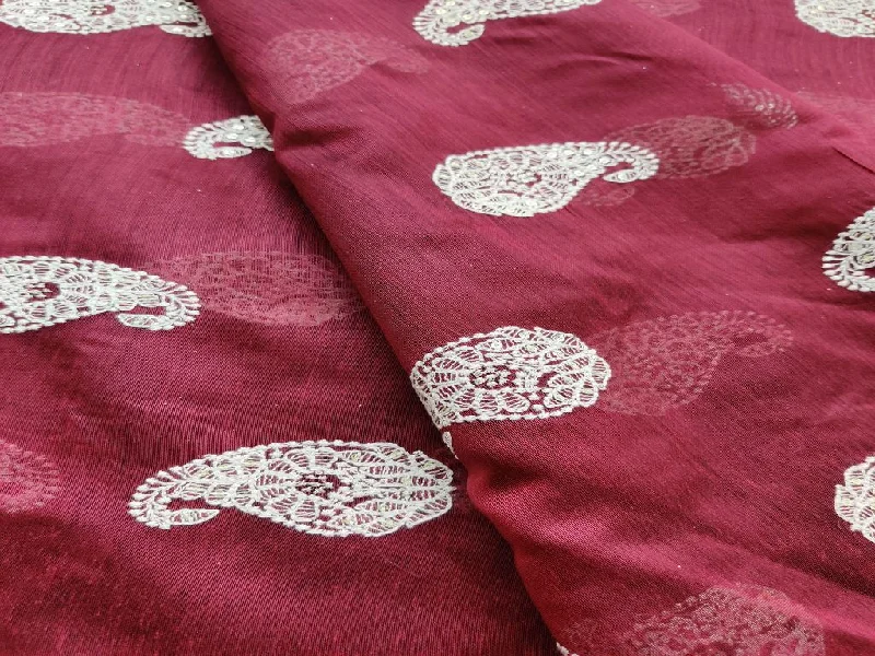 Maroon White Paisleys Lakhnawi Embroidered Chanderi Fabric