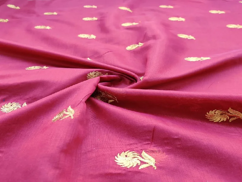 Maroon Golden Flowers Embroidered Chanderi Fabric