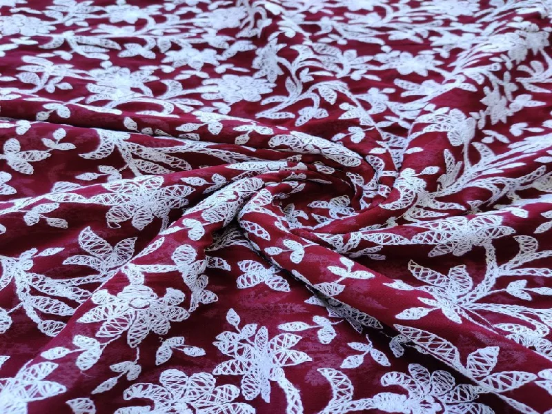 Maroon White Flowers Chikankari Embroidered Georgette Fabric