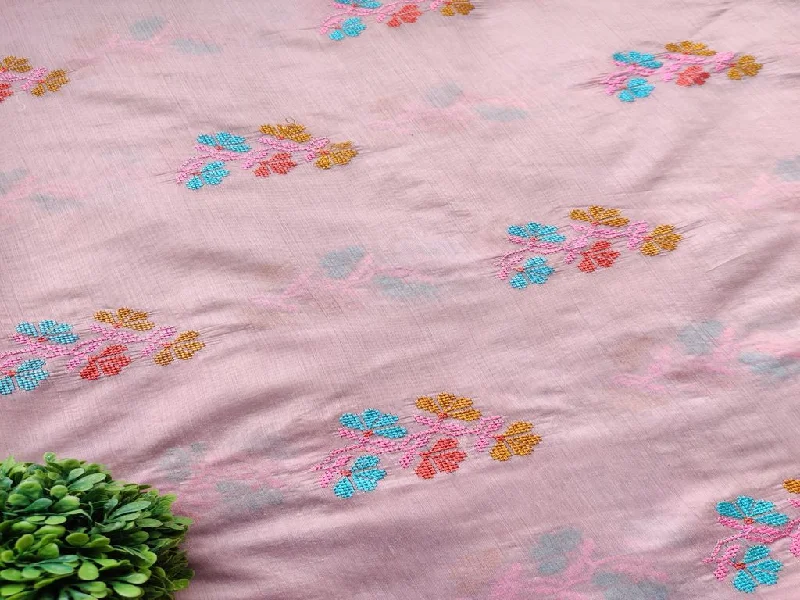 Mauve Pink Multicolour Flowers Embroidered Chanderi Fabric