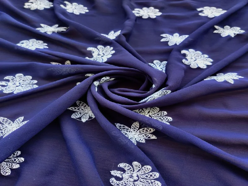 Navy Blue White Lakhnawi Flower Motifs Embroidered Georgette Fabric