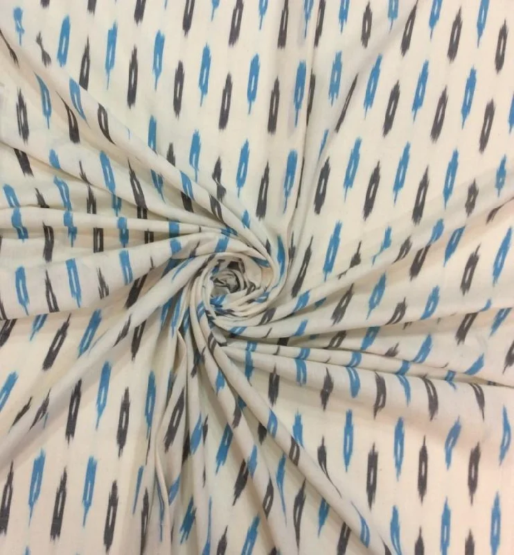 Off White Blue Abstract Pure Cotton Ikat Fabric