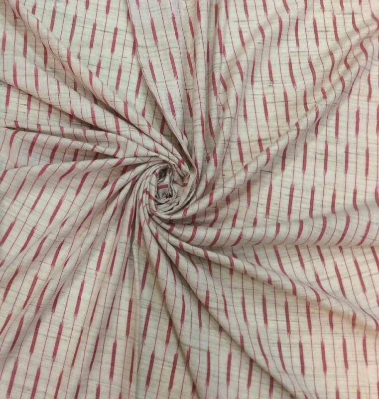 Off White Red Abstract Pure Cotton Ikat Fabric