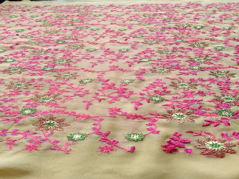 Olive Green Pink Flowers Kashmiri Embroidered Georgette Fabric