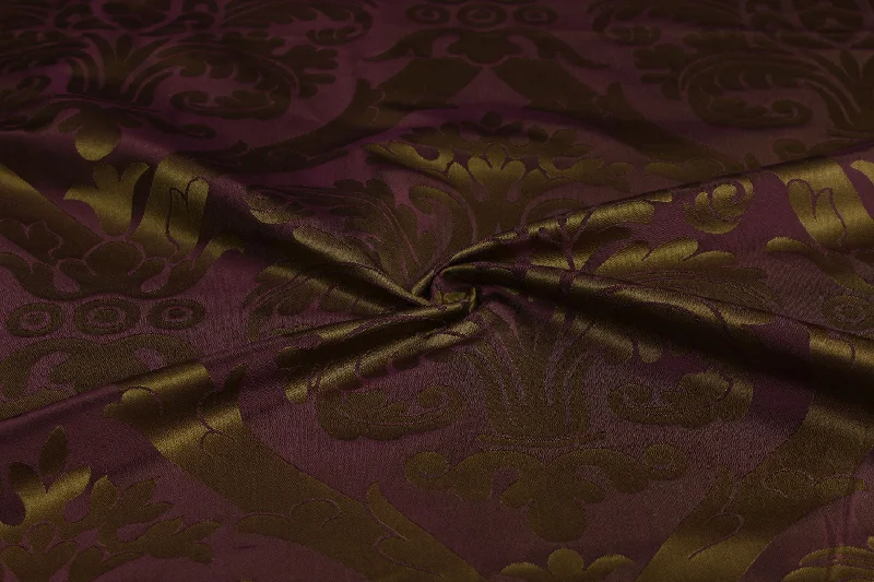 Wine Purple Olive Green Flowers Silk Jacquard Fabric