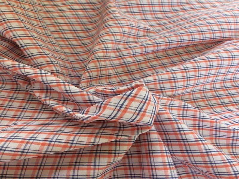 Orange Blue Plaid Checks Yarn Dyed Cotton Fabric