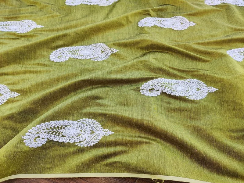 Parrot Green White Lakhnawi Motifs Embroidered Chanderi Fabric